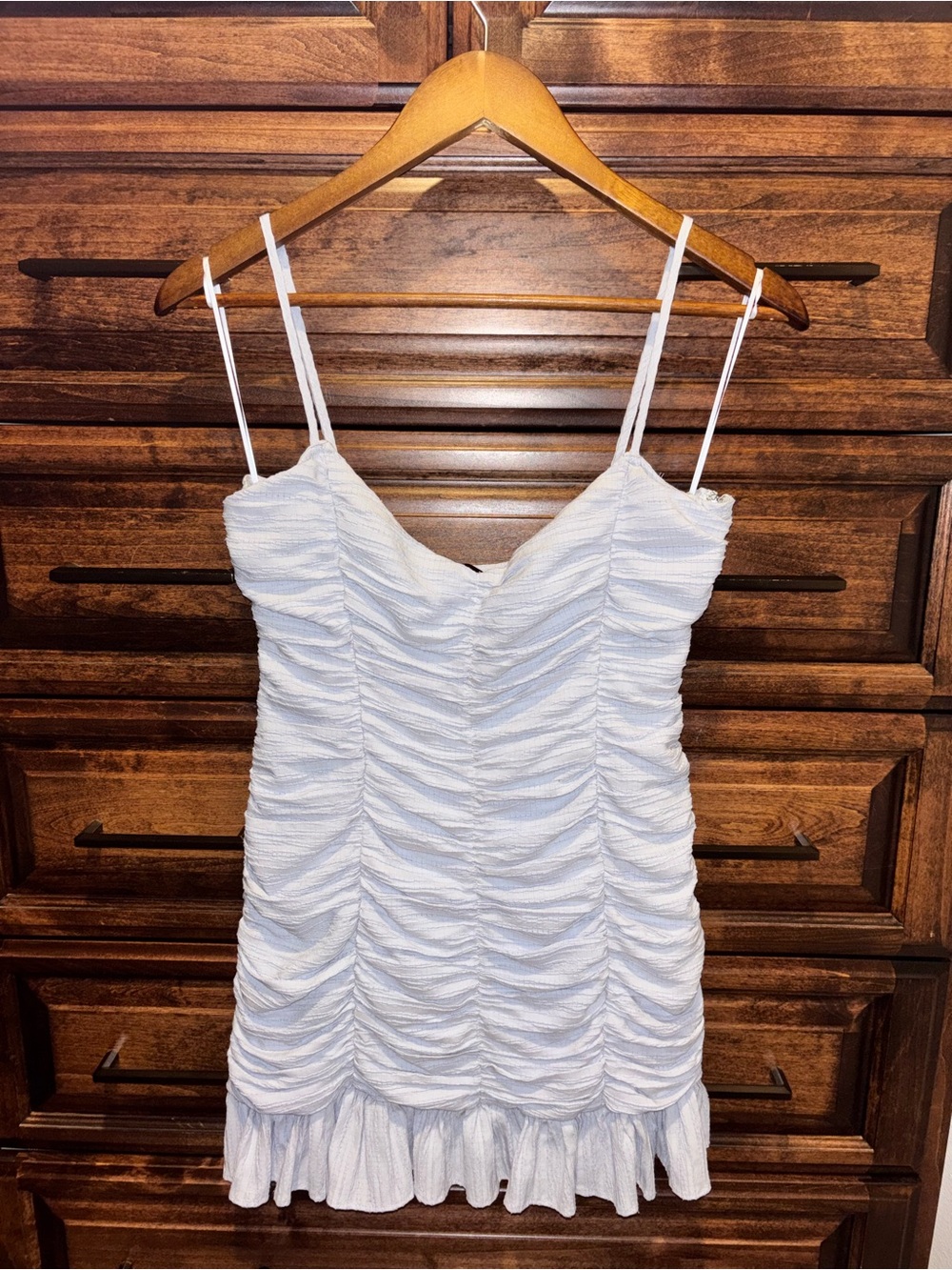 Lioness Light Blue Ruched Spaghetti-Strap Mini Dress